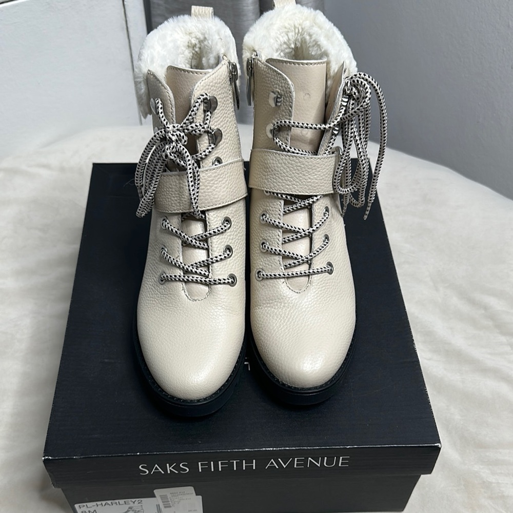 Saks Fifth Avenue Cream Winter Boots with Lace-Up Design
